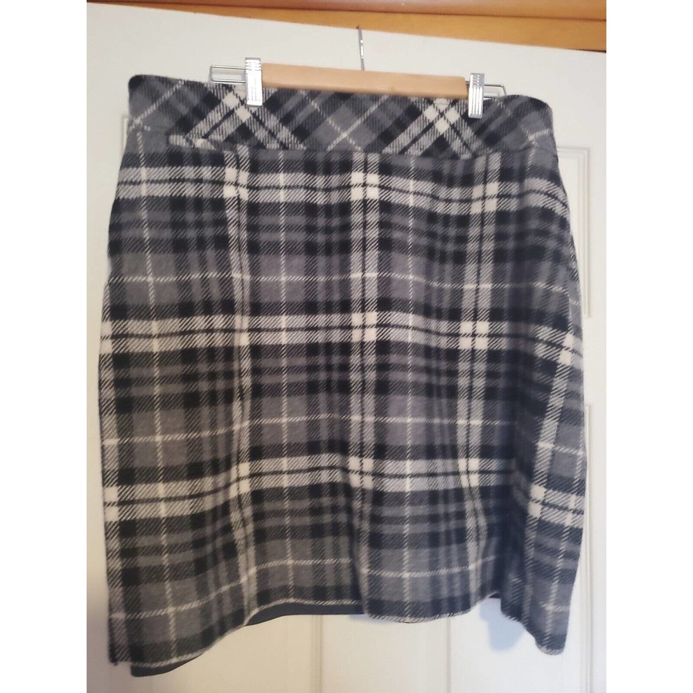 LL BEAN Sz 20 Reg Skirt Black Gray Plaid Wool Pencil High Waist Check Windowpane